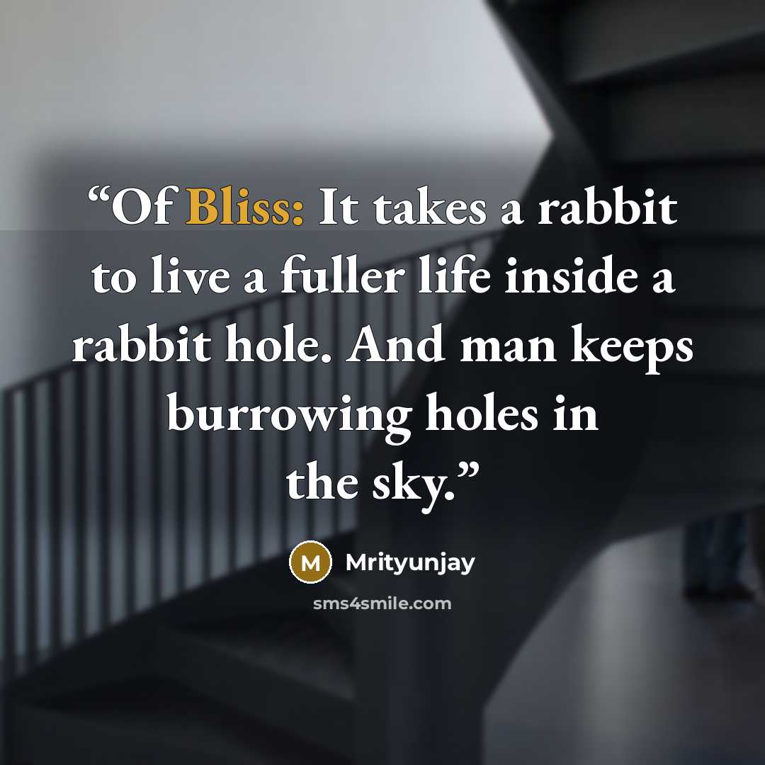 “Of Bliss: It takes a rabbit to live a fuller life inside a rabbit hole. And man keeps burrowing holes in the sky.” quote by Mrityunjay