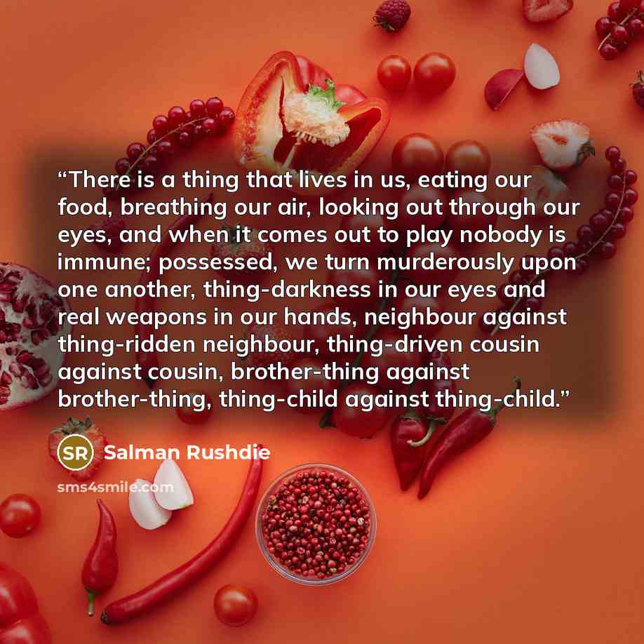 “There is a thing that lives in us, eating our food, breathing our air, looking out through our eyes, and when it comes out to play nobody is immune; possessed, we turn murderously upon one another, thing-darkness in our eyes and real weapons in our hands, neighbour against thing-ridden neighbour…” quote by Salman Rushdie