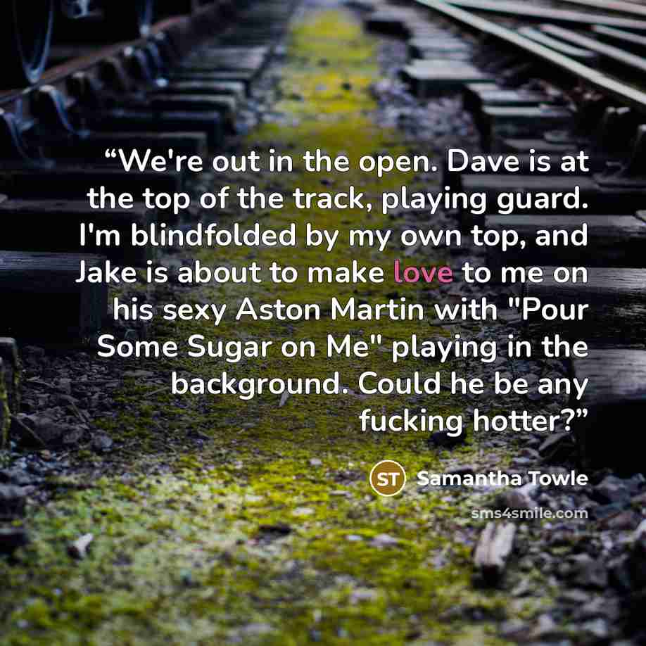 “We're out in the open. Dave is at the top of the track, playing guard. I'm blindfolded by my own top, and Jake is about to make love to me on his sexy Aston Martin with "Pour Some Sugar on Me" playing in the background. Could he be any fucking hotter?” quote by Samantha Towle