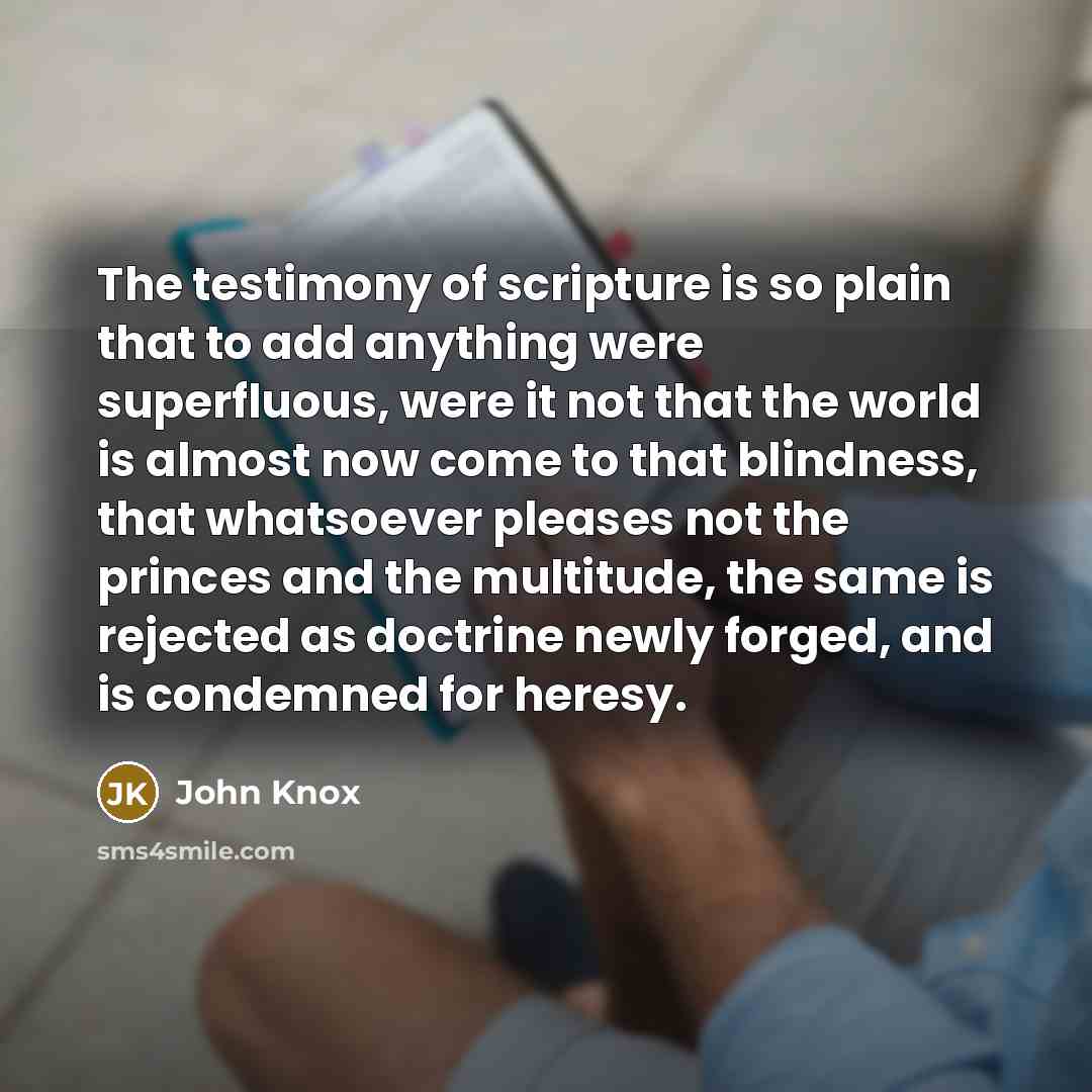 “The testimony of scripture is so plain that to add anything were superfluous, were it not that the world is almost now come to that blindness, that whatsoever pleases not the princes and the multitude, the same is rejected as doctrine newly forged, and is condemned for heresy.” quote by John Knox