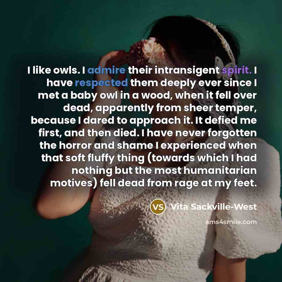 “I like owls. I admire their intransigent spirit. I have respected them deeply ever since I met a baby owl in a wood, when it fell over dead, apparently from sheer temper, because I dared to approach it. It defied me first, and then died. I have never forgotten the horror and shame I experienced…” quote by Vita Sackville-West