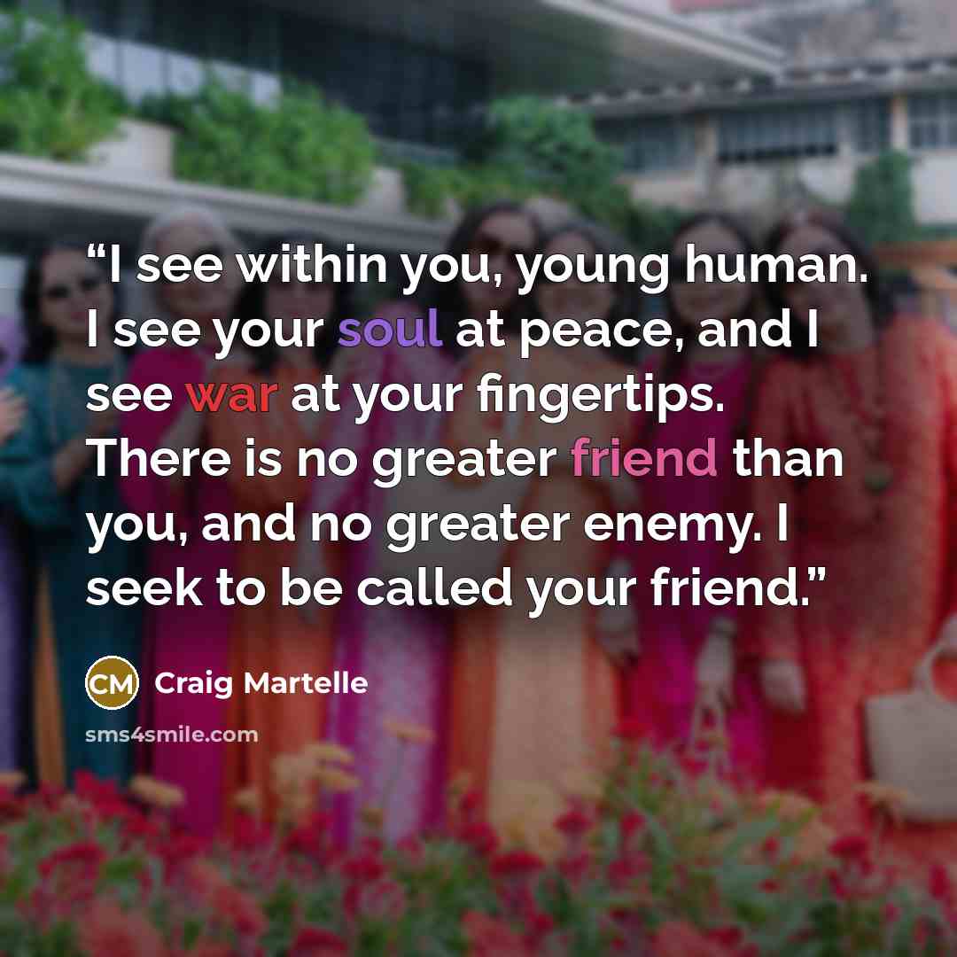 “I see within you, young human. I see your soul at peace, and I see war at your fingertips. There is no greater friend than you, and no greater enemy. I seek to be called your friend.” quote by Craig Martelle