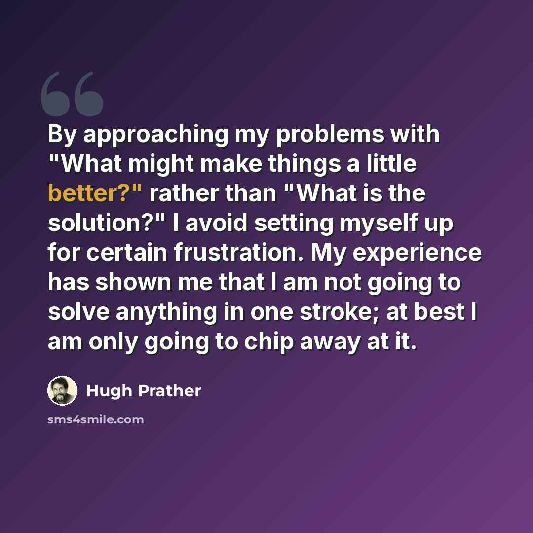 “By approaching my problems with "What might make things a little better?" rather than "What is the solution?" I avoid setting myself up for certain frustration. My experience has shown me that I am not going to solve anything in one stroke; at best I am only going to chip away at it.” quote by Hugh Prather