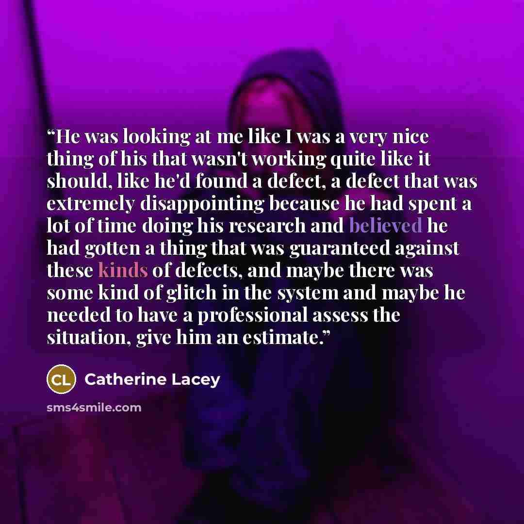 “He was looking at me like I was a very nice thing of his that wasn't working quite like it should, like he'd found a defect, a defect that was extremely disappointing because he had spent a lot of time doing his research and believed he had gotten a thing that was guaranteed against these kinds of…” quote by Catherine Lacey
