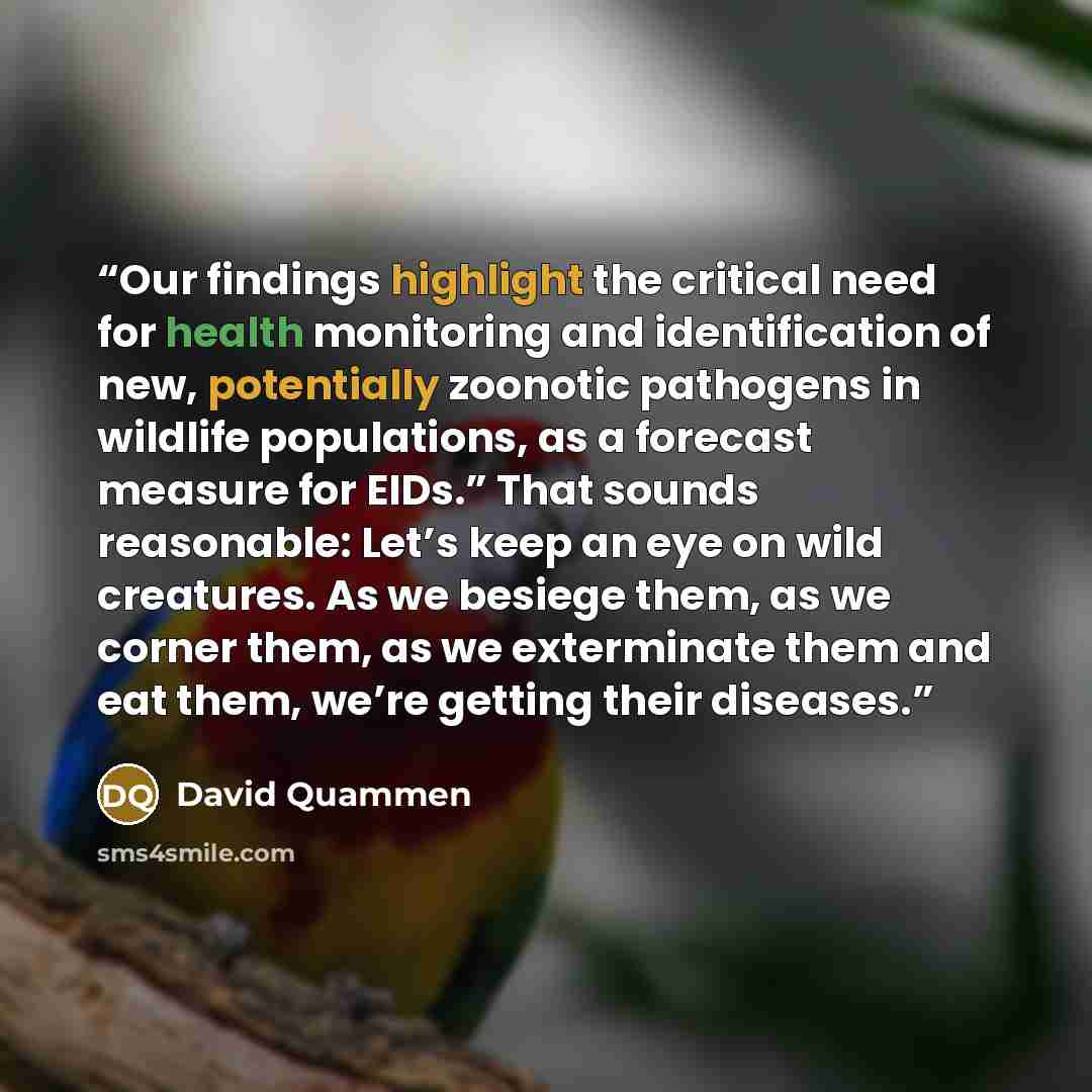 “Our findings highlight the critical need for health monitoring and identification of new, potentially zoonotic pathogens in wildlife populations, as a forecast measure for EIDs.” That sounds reasonable: Let’s keep an eye on wild creatures. As we besiege them, as we corner them, as we exterminate…” quote by David Quammen