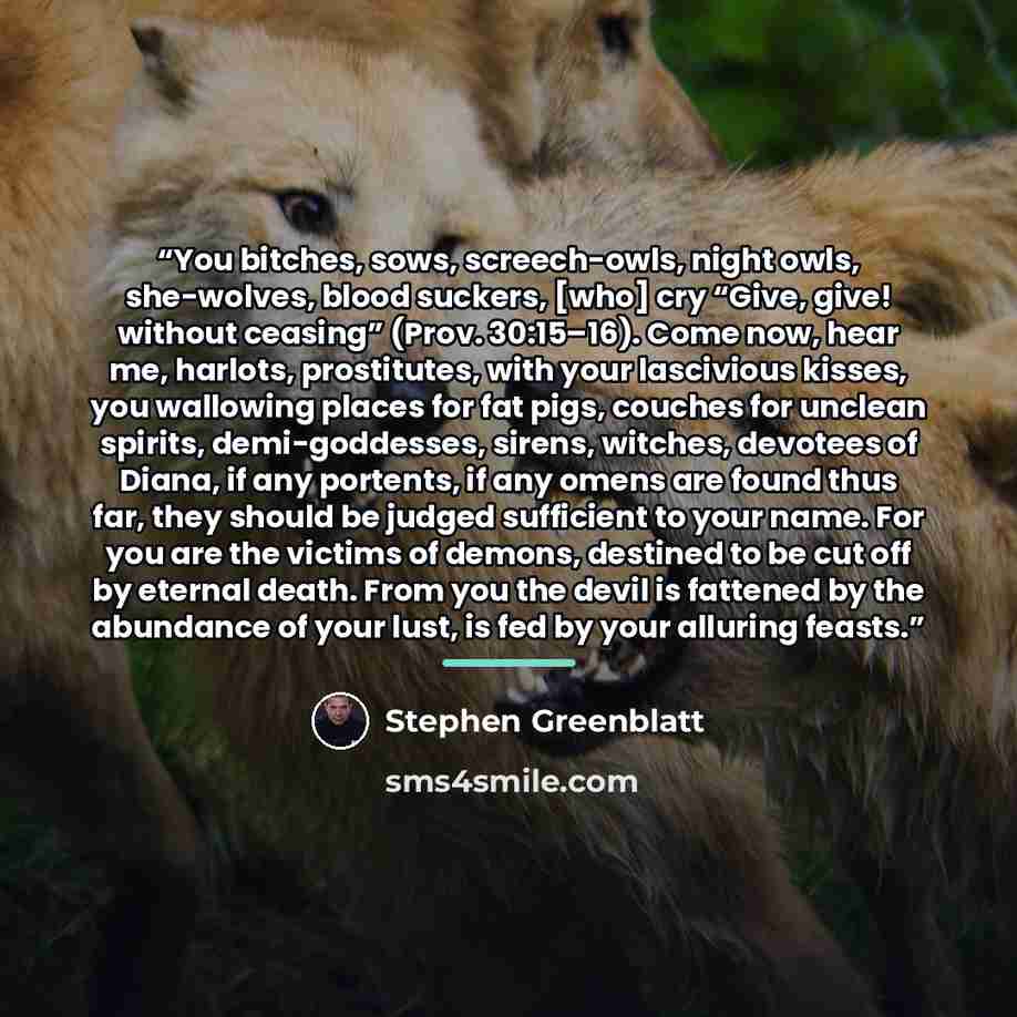 “You bitches, sows, screech-owls, night owls, she-wolves, blood suckers, [who] cry “Give, give! without ceasing” (Prov. 30:15–16). Come now, hear me, harlots, prostitutes, with your lascivious kisses, you wallowing places for fat pigs, couches for unclean spirits, demi-goddesses, sirens, witches…” quote by Stephen Greenblatt