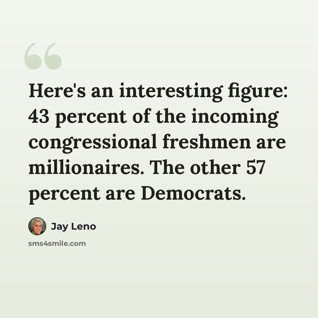 “Here's an interesting figure: 43 percent of the incoming congressional freshmen are millionaires. The other 57 percent are Democrats.” quote by Jay Leno