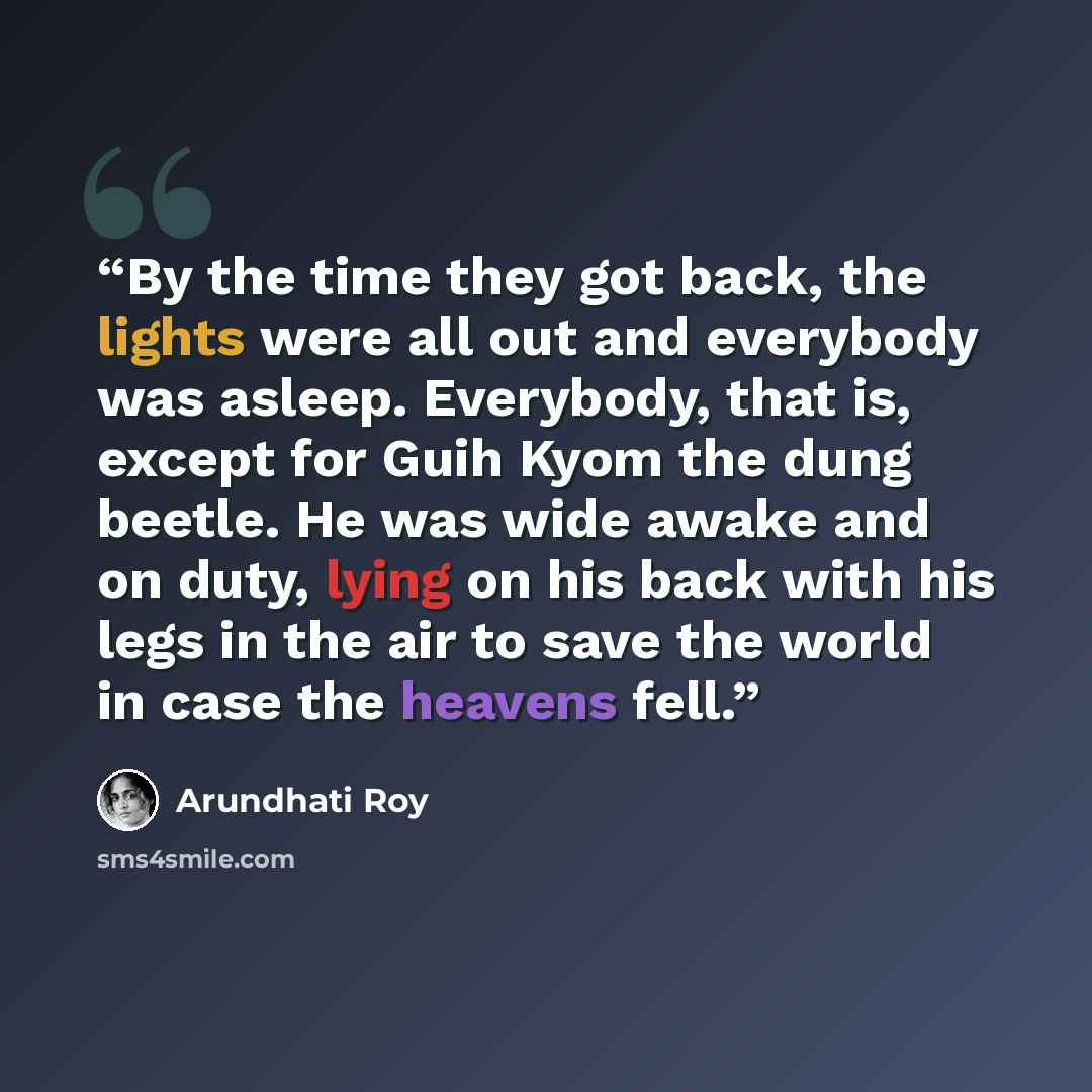 “By the time they got back, the lights were all out and everybody was asleep. Everybody, that is, except for Guih Kyom the dung beetle. He was wide awake and on duty, lying on his back with his legs in the air to save the world in case the heavens fell.” quote by Arundhati Roy