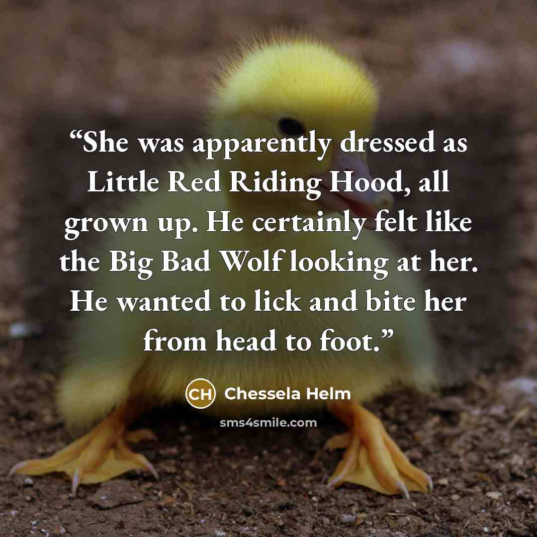 “She was apparently dressed as Little Red Riding Hood, all grown up. He certainly felt like the Big Bad Wolf looking at her. He wanted to lick and bite her from head to foot.” quote by Chessela Helm