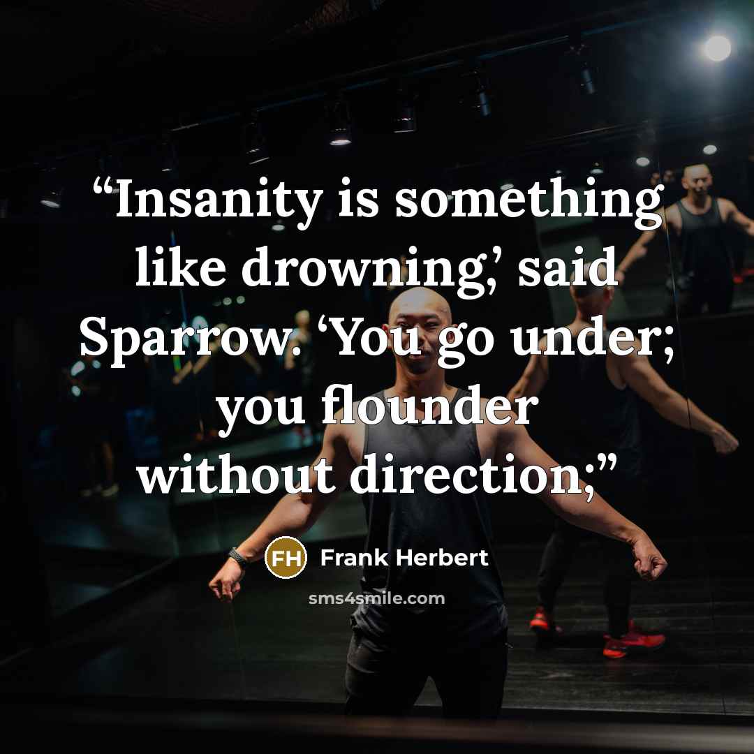 “Insanity is something like drowning,’ said Sparrow. ‘You go under; you flounder without direction;” quote by Frank Herbert