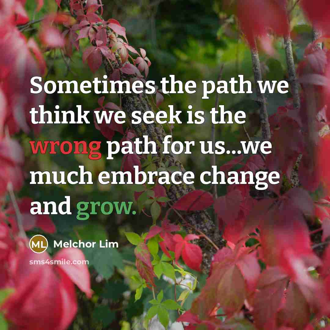 “Sometimes the path we think we seek is the wrong path for us...we much embrace change and grow.” quote by Melchor Lim