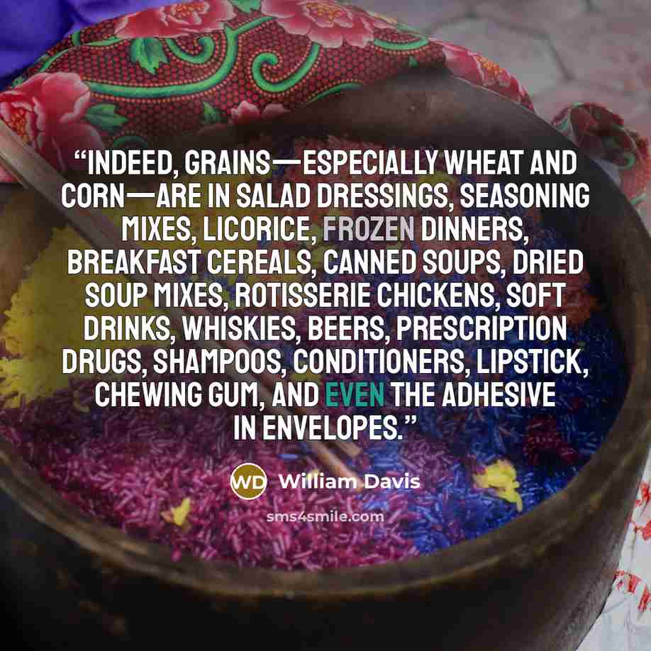 “Indeed, grains—especially wheat and corn—are in salad dressings, seasoning mixes, licorice, frozen dinners, breakfast cereals, canned soups, dried soup mixes, rotisserie chickens, soft drinks, whiskies, beers, prescription drugs, shampoos, conditioners, lipstick, chewing gum, and even the adhesive…” quote by William Davis
