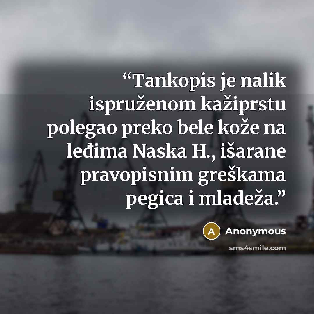 “Tankopis je nalik ispruženom kažiprstu polegao preko bele kože na leđima Naska H., išarane pravopisnim greškama pegica i mladeža.” quote by Anonymous