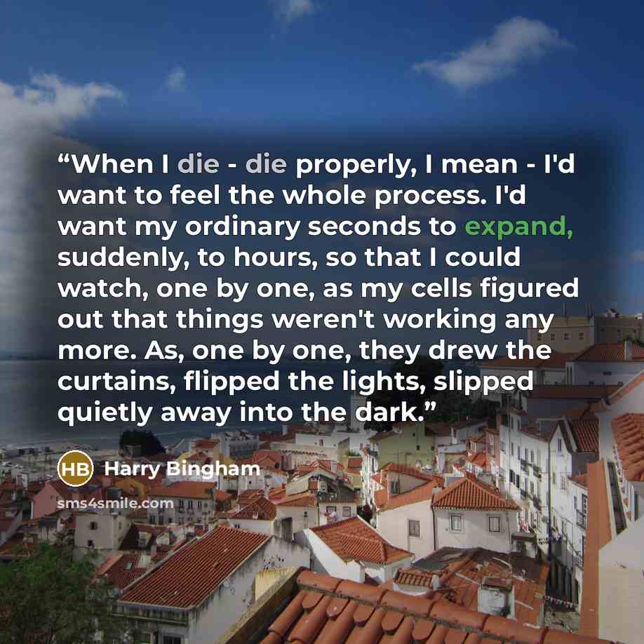“When I die - die properly, I mean - I'd want to feel the whole process. I'd want my ordinary seconds to expand, suddenly, to hours, so that I could watch, one by one, as my cells figured out that things weren't working any more. As, one by one, they drew the curtains, flipped the lights, slipped…” quote by Harry Bingham