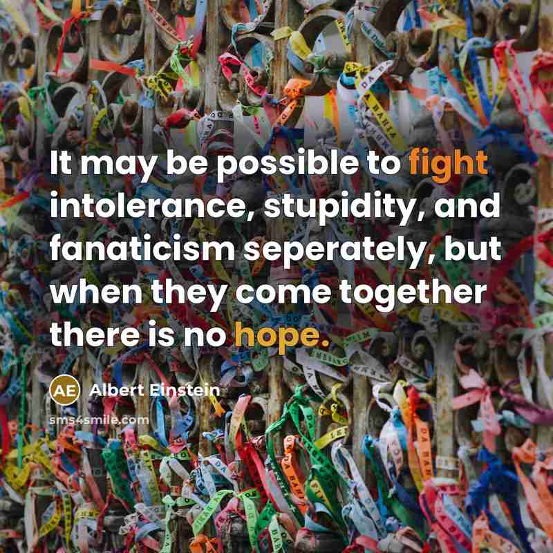 “It may be possible to fight intolerance, stupidity, and fanaticism seperately, but when they come together there is no hope.” quote by Albert Einstein