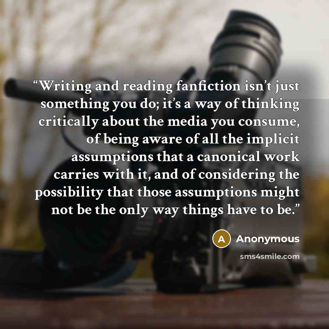 “Writing and reading fanfiction isn’t just something you do; it’s a way of thinking critically about the media you consume, of being aware of all the implicit assumptions that a canonical work carries with it, and of considering the possibility that those assumptions might not be the only way…” quote by Anonymous