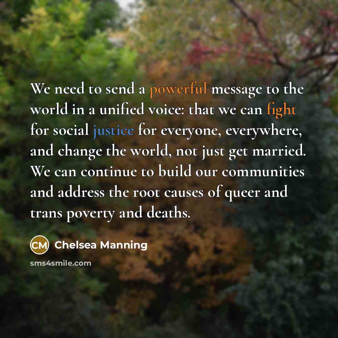 “We need to send a powerful message to the world in a unified voice: that we can fight for social justice for everyone, everywhere, and change the world, not just get married. We can continue to build our communities and address the root causes of queer and trans poverty and deaths.” quote by Chelsea Manning