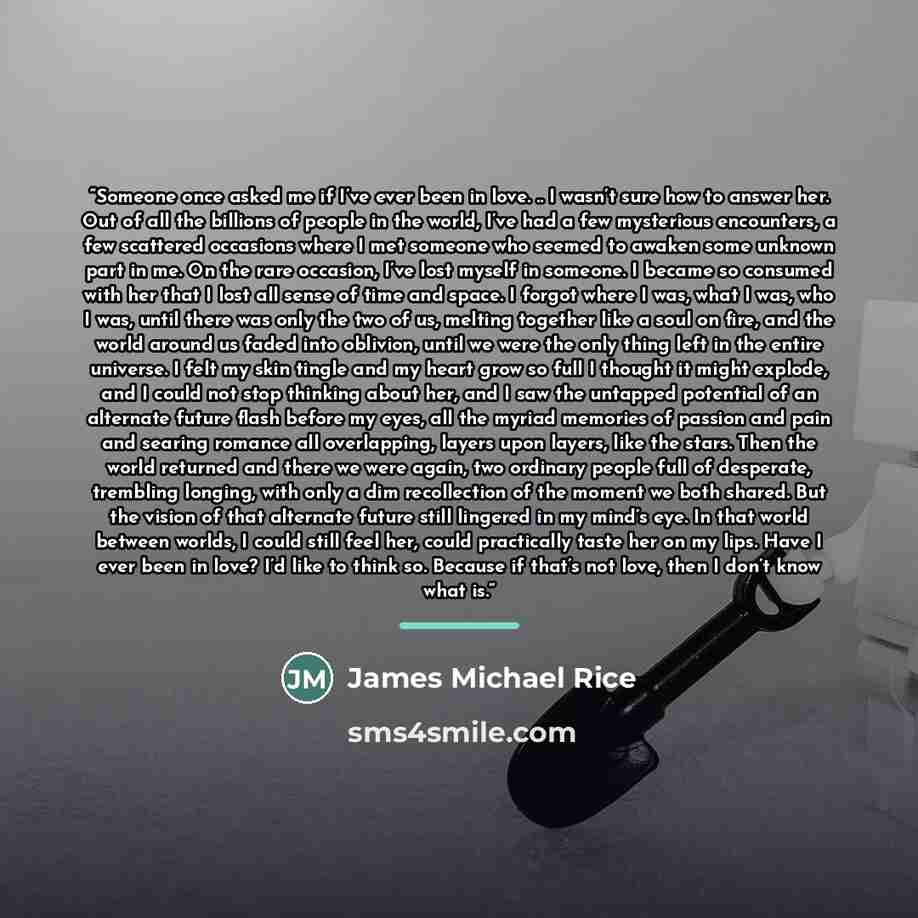 “Someone once asked me if I’ve ever been in love. .. I wasn’t sure how to answer her. Out of all the billions of people in the world, I’ve had a few mysterious encounters, a few scattered occasions where I met someone who seemed to awaken some unknown part in me. On the rare occasion, I’ve lost…” quote by James Michael Rice