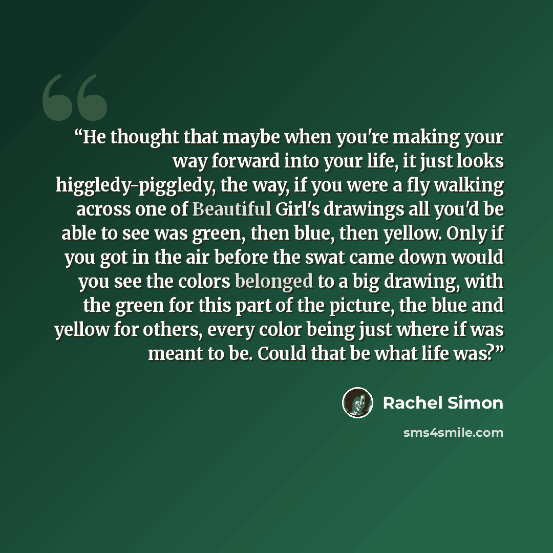 “He thought that maybe when you're making your way forward into your life, it just looks higgledy-piggledy, the way, if you were a fly walking across one of Beautiful Girl's drawings all you'd be able to see was green, then blue, then yellow. Only if you got in the air before the swat came down…” quote by Rachel Simon