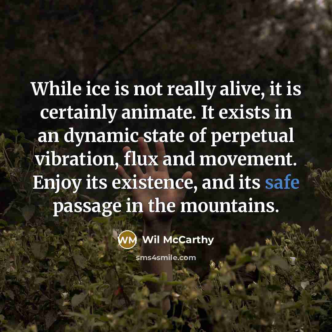 “While ice is not really alive, it is certainly animate. It exists in an dynamic state of perpetual vibration, flux and movement. Enjoy its existence, and its safe passage in the mountains.” quote by Wil McCarthy