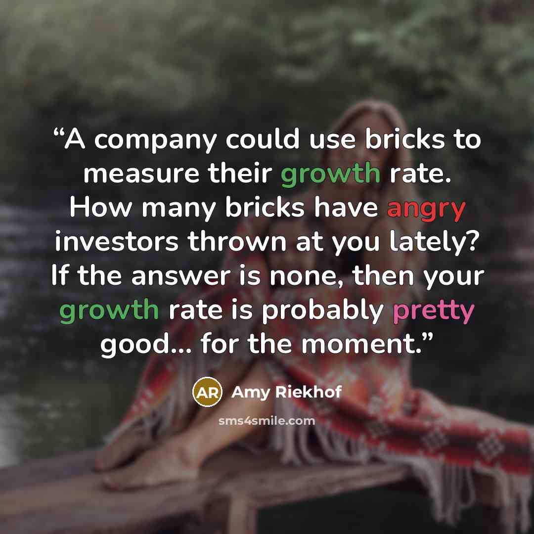 “A company could use bricks to measure their growth rate. How many bricks have angry investors thrown at you lately? If the answer is none, then your growth rate is probably pretty good… for the moment.” quote by Amy Riekhof