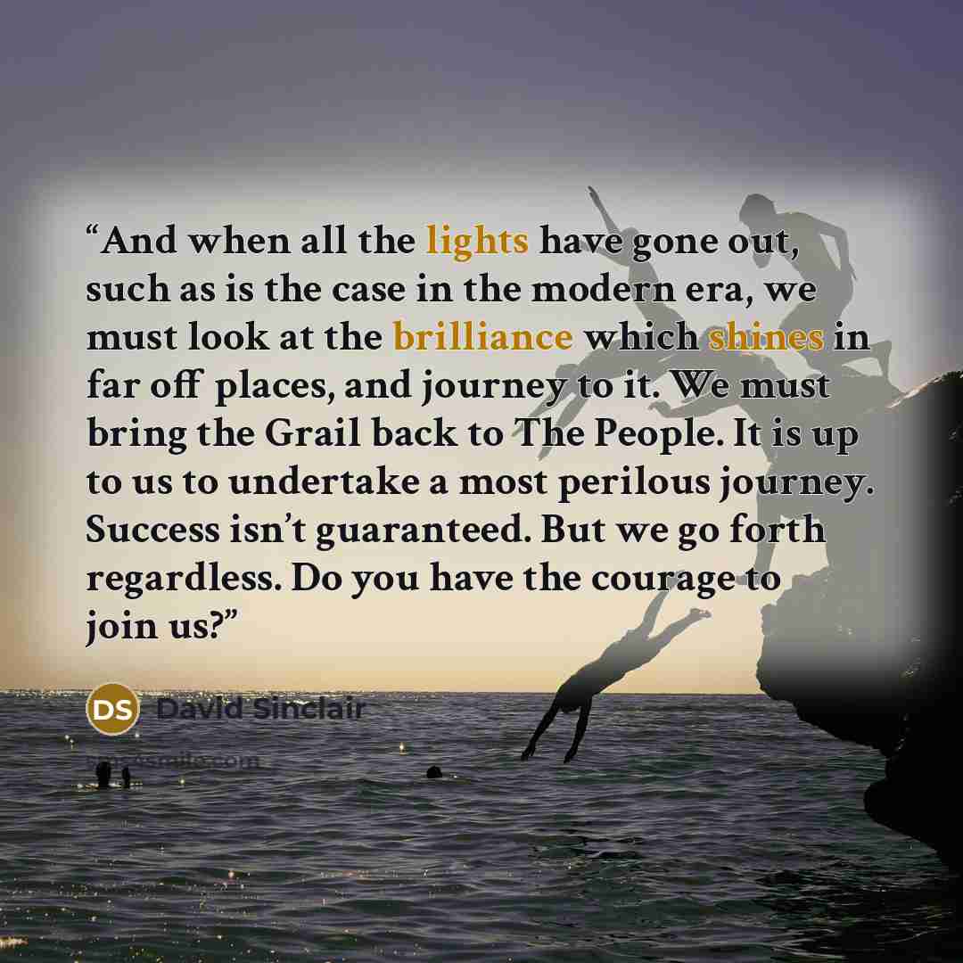 “And when all the lights have gone out, such as is the case in the modern era, we must look at the brilliance which shines in far off places, and journey to it. We must bring the Grail back to The People. It is up to us to undertake a most perilous journey. Success isn’t guaranteed. But we go forth…” quote by David Sinclair