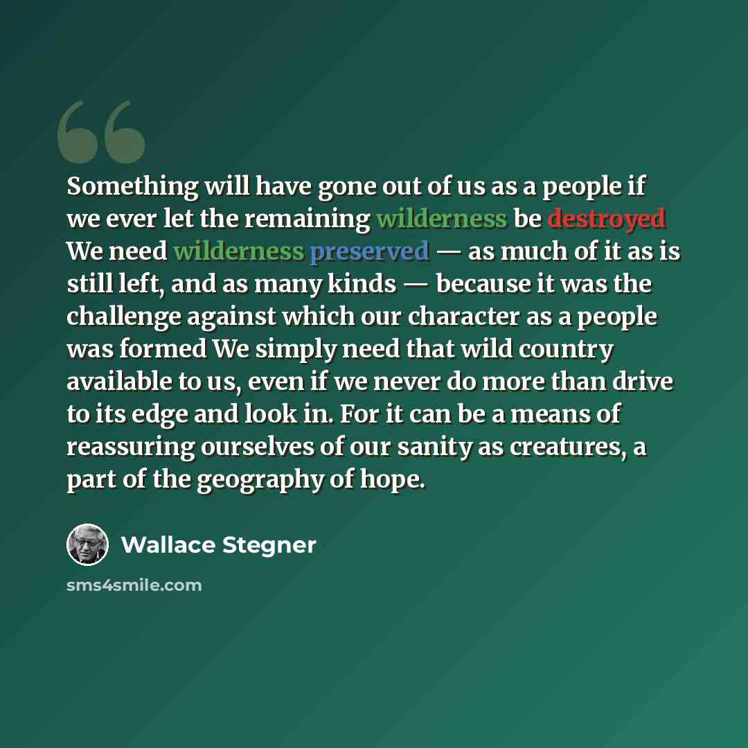 “Something will have gone out of us as a people if we ever let the remaining wilderness be destroyed We need wilderness preserved — as much of it as is still left, and as many kinds — because it was the challenge against which our character as a people was formed We simply need that wild country…” quote by Wallace Stegner
