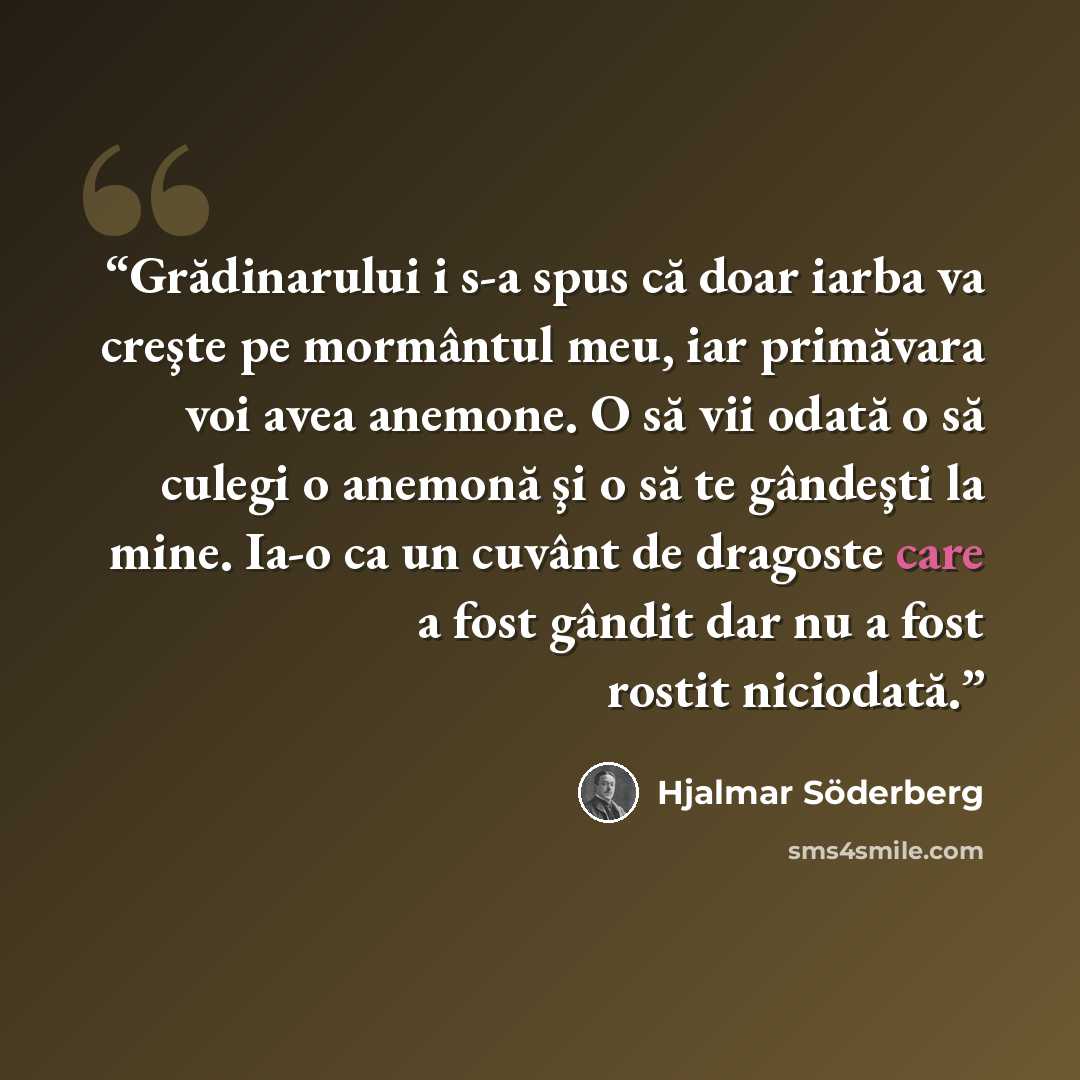 “Grădinarului i s-a spus că doar iarba va creşte pe mormântul meu, iar primăvara voi avea anemone. O să vii odată o să culegi o anemonă şi o să te gândeşti la mine. Ia-o ca un cuvânt de dragoste care a fost gândit dar nu a fost rostit niciodată.” quote by Hjalmar Söderberg