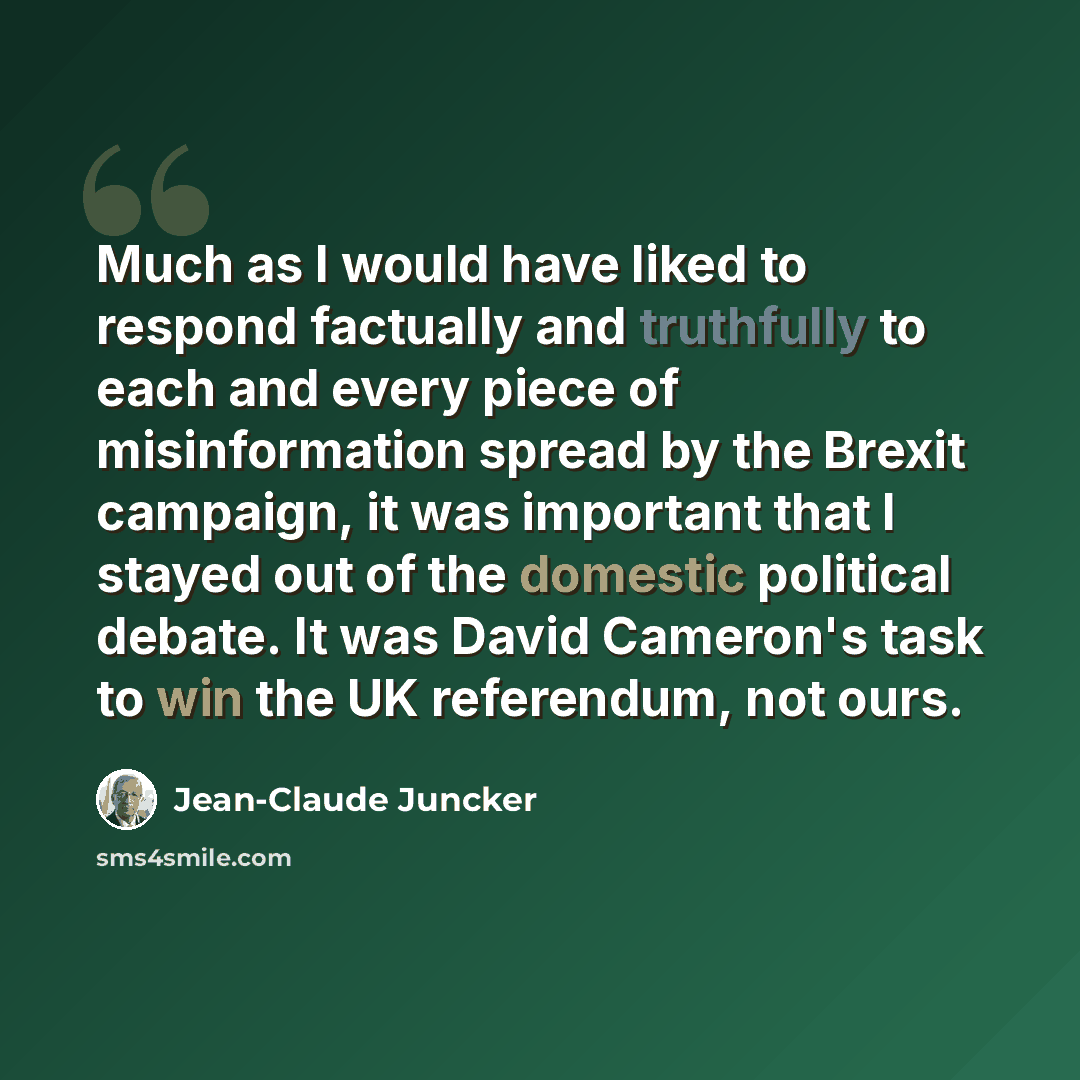 “Much as I would have liked to respond factually and truthfully to each and every piece of misinformation spread by the Brexit campaign, it was important that I stayed out of the domestic political debate. It was David Cameron's task to win the UK referendum, not ours.” quote by Jean-Claude Juncker