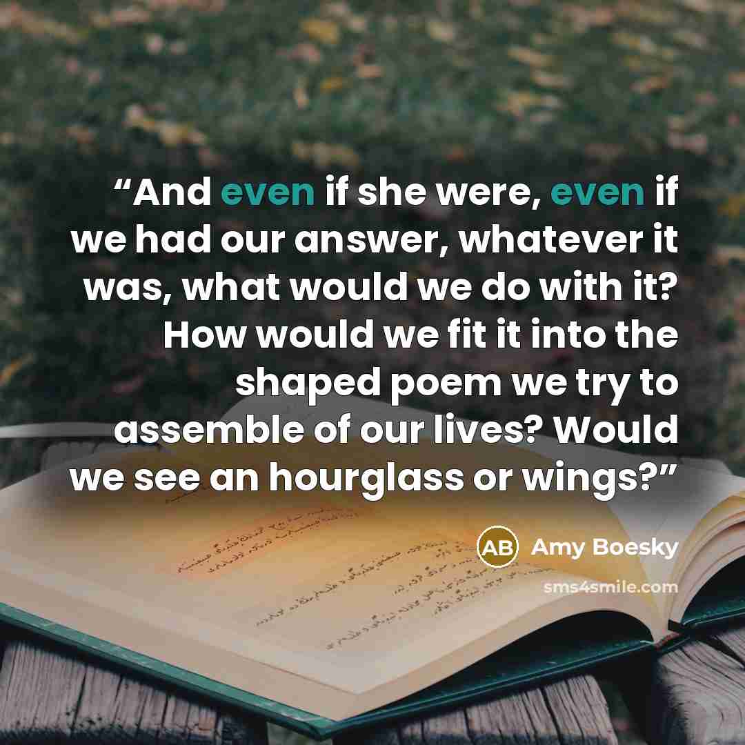 “And even if she were, even if we had our answer, whatever it was, what would we do with it? How would we fit it into the shaped poem we try to assemble of our lives? Would we see an hourglass or wings?” quote by Amy Boesky