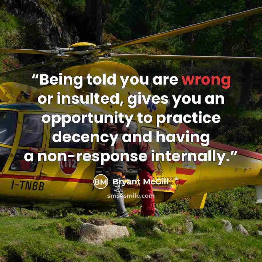 “Being told you are wrong or insulted, gives you an opportunity to practice decency and having a non-response internally.” quote by Bryant McGill