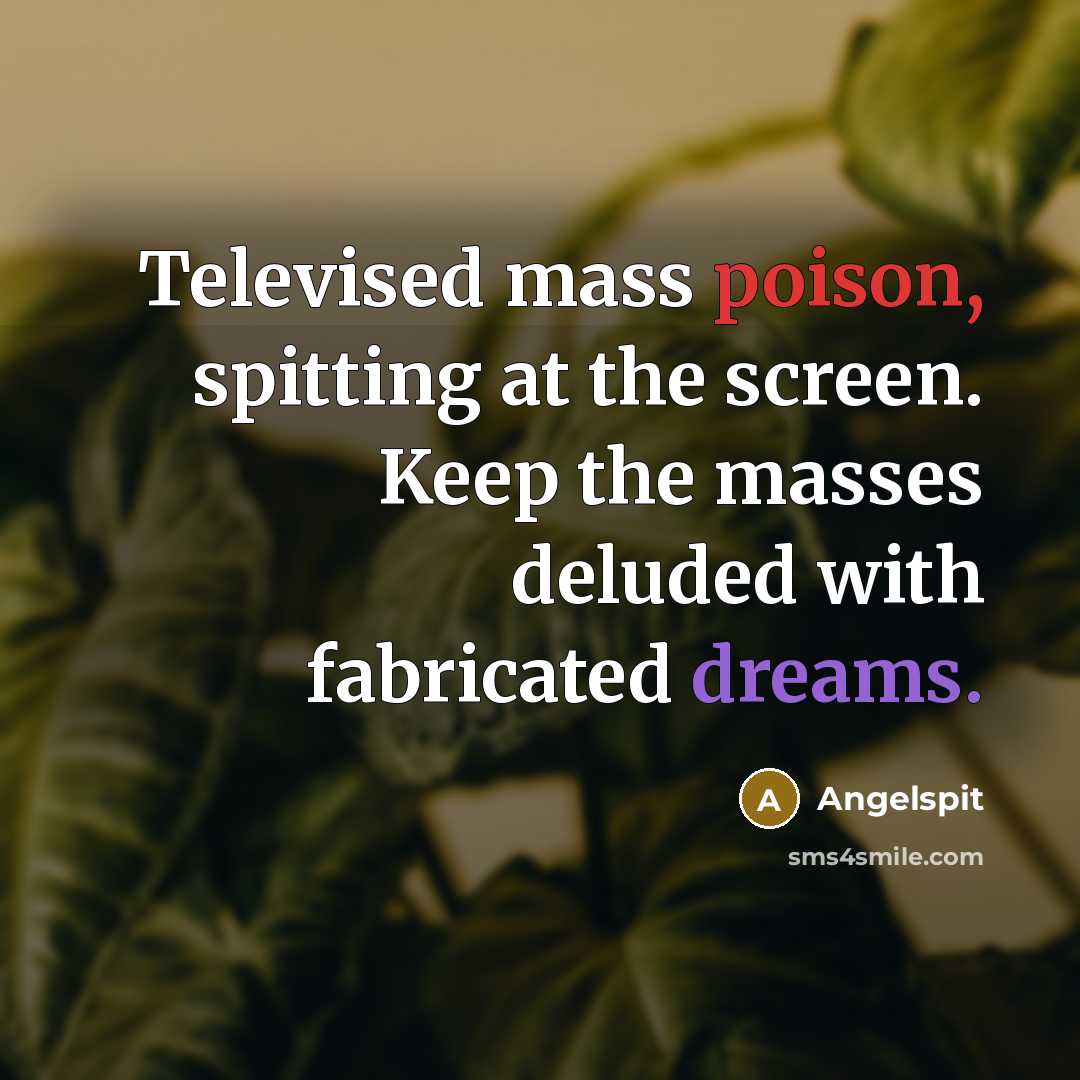 “Televised mass poison, spitting at the screen. Keep the masses deluded with fabricated dreams.” quote by Angelspit