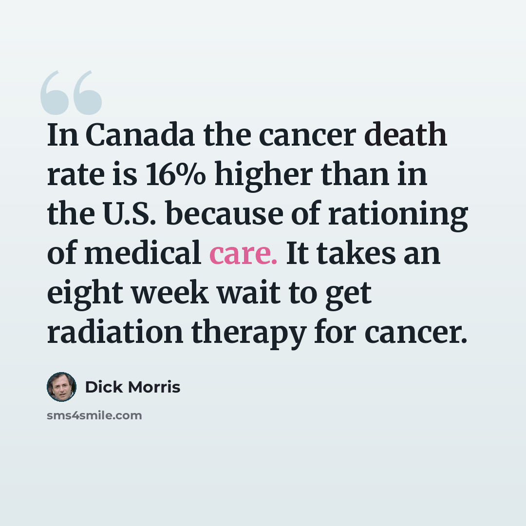 “In Canada the cancer death rate is 16% higher than in the U.S. because of rationing of medical care. It takes an eight week wait to get radiation therapy for cancer.” quote by Dick Morris