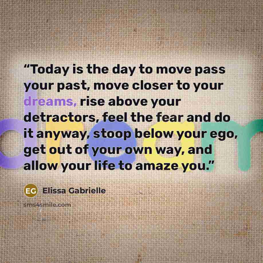 “Today is the day to move pass your past, move closer to your dreams, rise above your detractors, feel the fear and do it anyway, stoop below your ego, get out of your own way, and allow your life to amaze you.” quote by Elissa Gabrielle