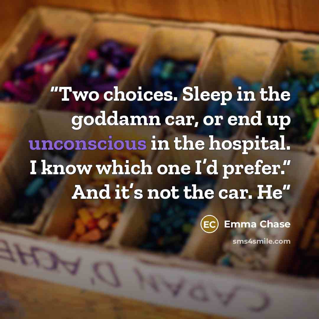 “Two choices. Sleep in the goddamn car, or end up unconscious in the hospital. I know which one I’d prefer.” And it’s not the car. He” quote by Emma Chase