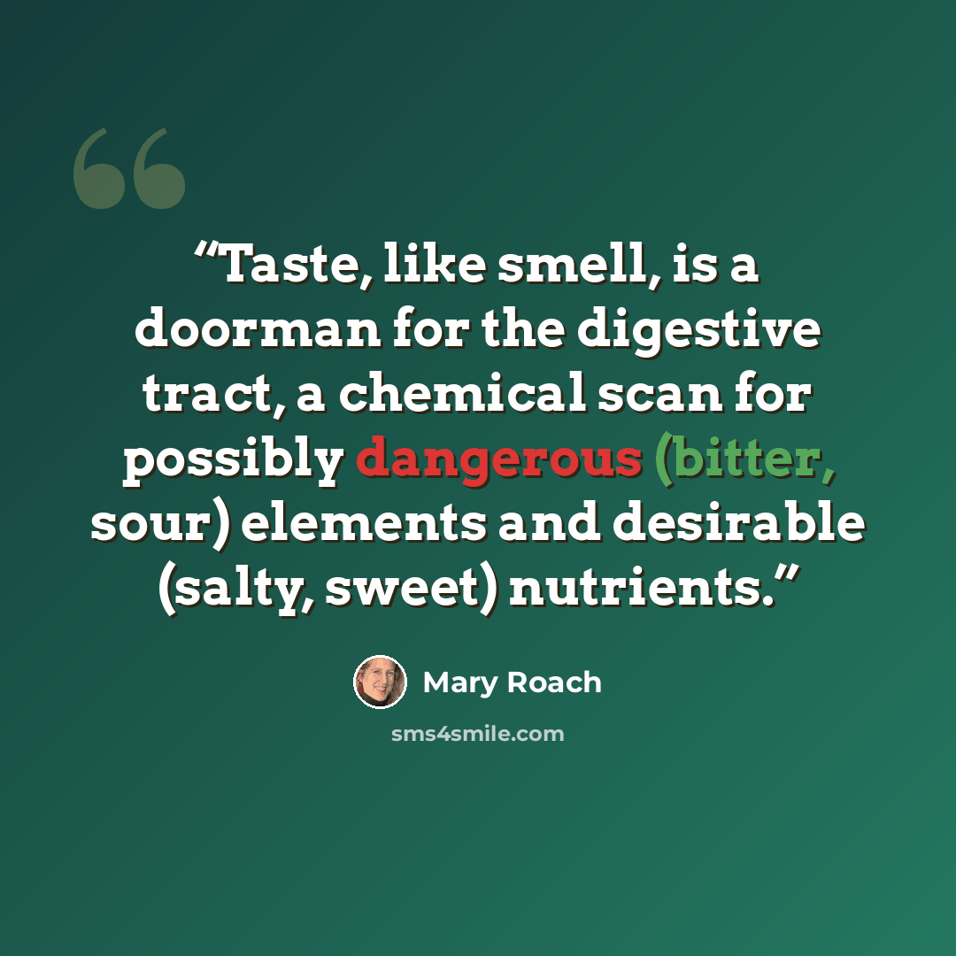 “Taste, like smell, is a doorman for the digestive tract, a chemical scan for possibly dangerous (bitter, sour) elements and desirable (salty, sweet) nutrients.” quote by Mary Roach