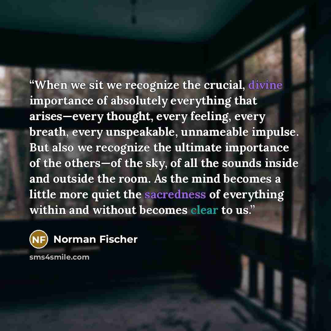 “When we sit we recognize the crucial, divine importance of absolutely everything that arises—every thought, every feeling, every breath, every unspeakable, unnameable impulse. But also we recognize the ultimate importance of the others—of the sky, of all the sounds inside and outside the room. As…” quote by Norman Fischer