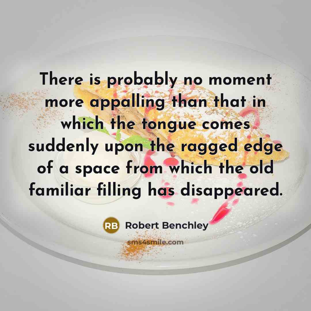 “There is probably no moment more appalling than that in which the tongue comes suddenly upon the ragged edge of a space from which the old familiar filling has disappeared.” quote by Robert Benchley