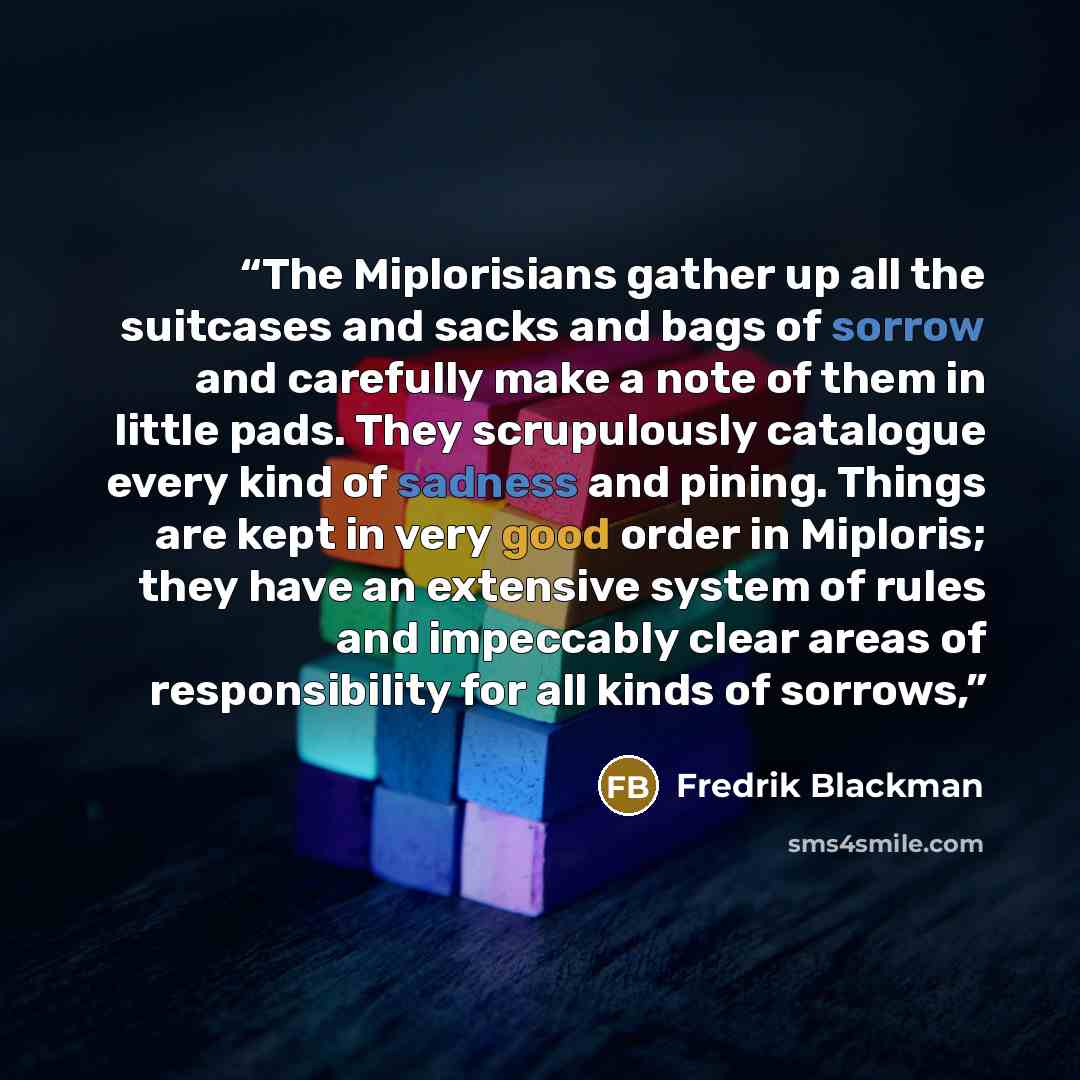 “The Miplorisians gather up all the suitcases and sacks and bags of sorrow and carefully make a note of them in little pads. They scrupulously catalogue every kind of sadness and pining. Things are kept in very good order in Miploris; they have an extensive system of rules and impeccably clear…” quote by Fredrik Blackman