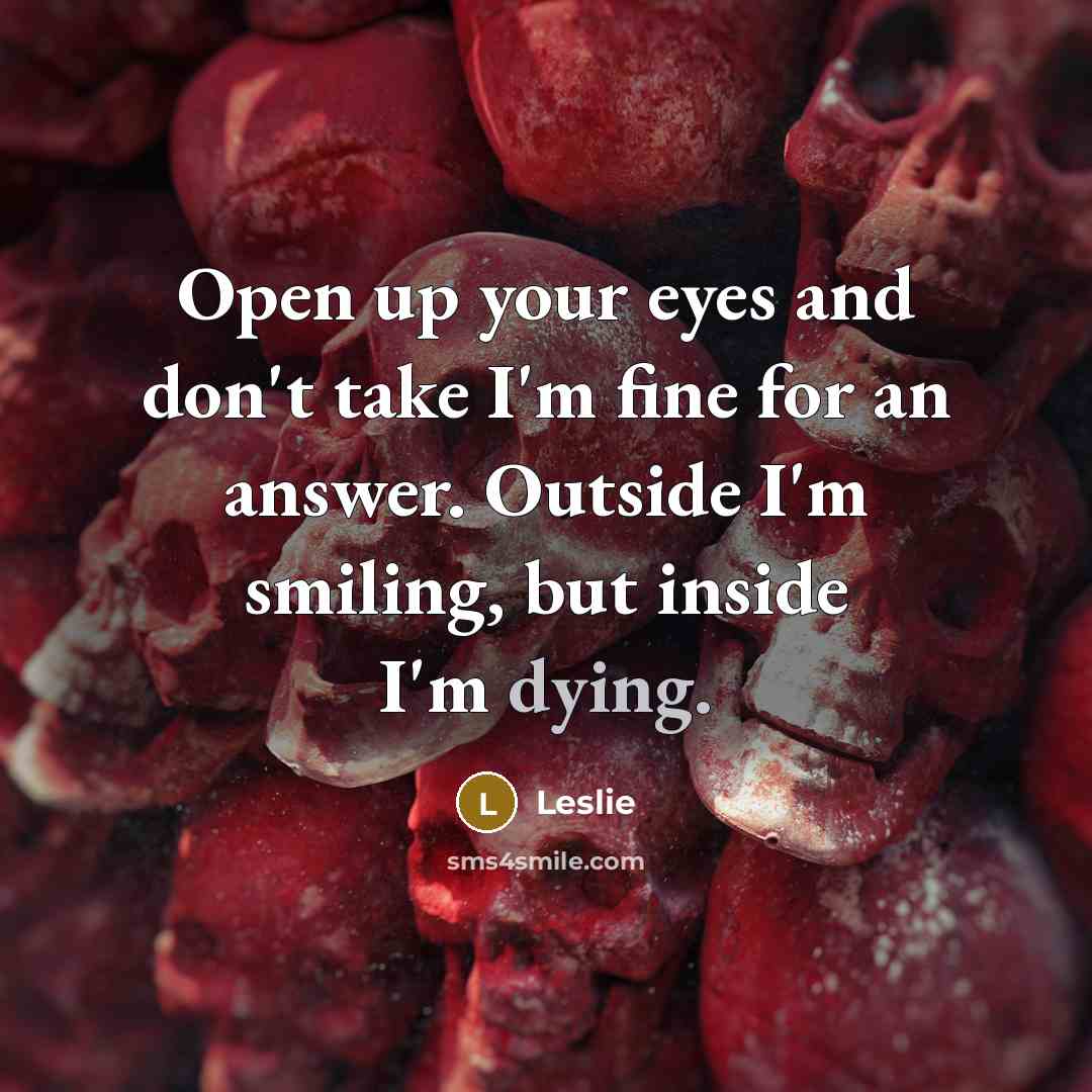 “Open up your eyes and don't take I'm fine for an answer. Outside I'm smiling, but inside I'm dying.” quote by Leslie
