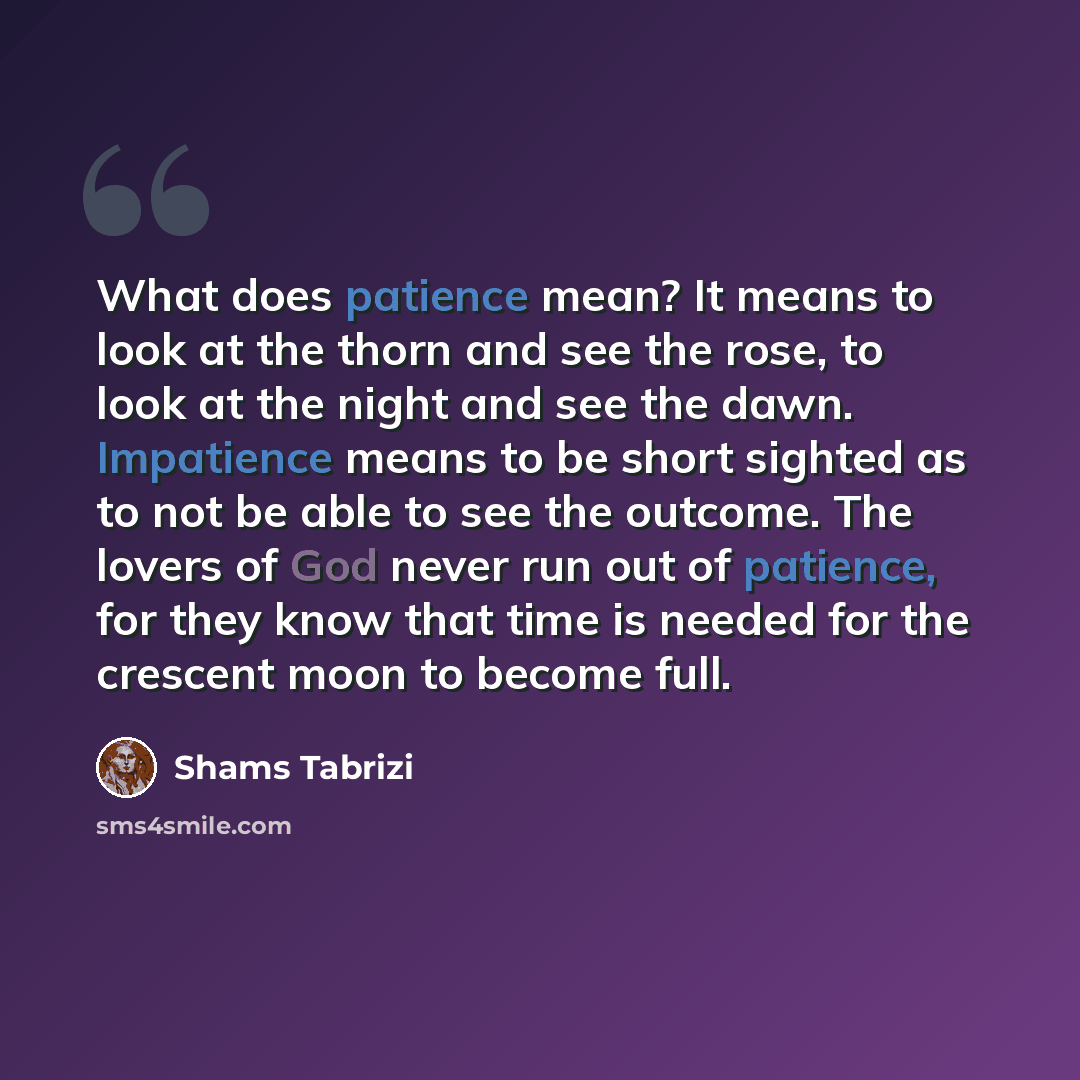 “What does patience mean? It means to look at the thorn and see the rose, to look at the night and see the dawn. Impatience means to be short sighted as to not be able to see the outcome. The lovers of God never run out of patience, for they know that time is needed for the crescent moon to become…” quote by Shams Tabrizi