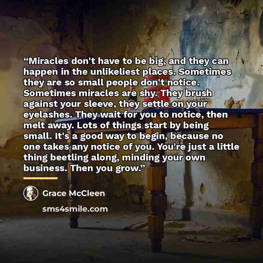 “Miracles don't have to be big, and they can happen in the unlikeliest places. Sometimes they are so small people don't notice. Sometimes miracles are shy. They brush against your sleeve, they settle on your eyelashes. They wait for you to notice, then melt away. Lots of things start by being…” quote by Grace McCleen
