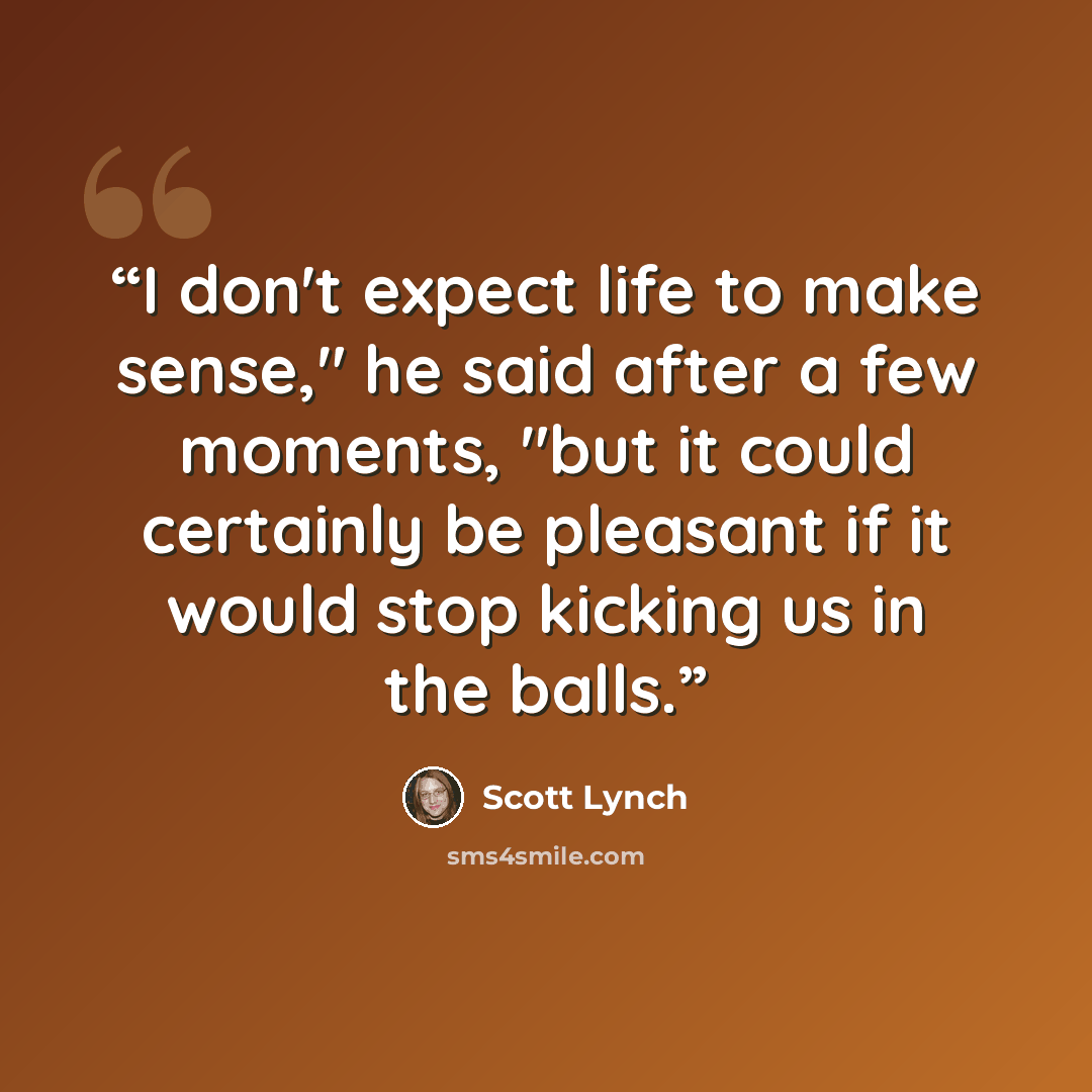 “I don't expect life to make sense," he said after a few moments, "but it could certainly be pleasant if it would stop kicking us in the balls.” quote by Scott Lynch