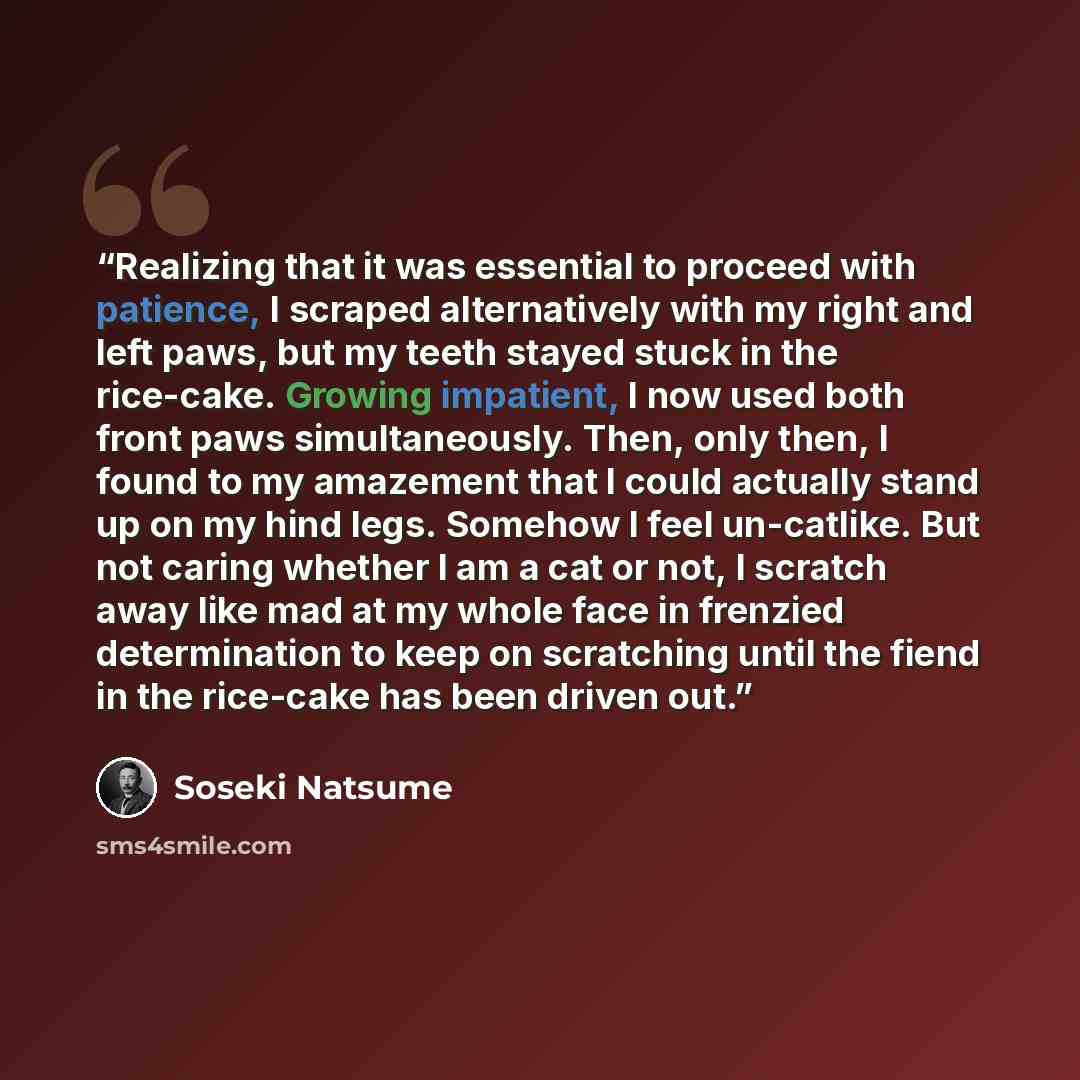 “Realizing that it was essential to proceed with patience, I scraped alternatively with my right and left paws, but my teeth stayed stuck in the rice-cake. Growing impatient, I now used both front paws simultaneously. Then, only then, I found to my amazement that I could actually stand up on my…” quote by Sōseki Natsume