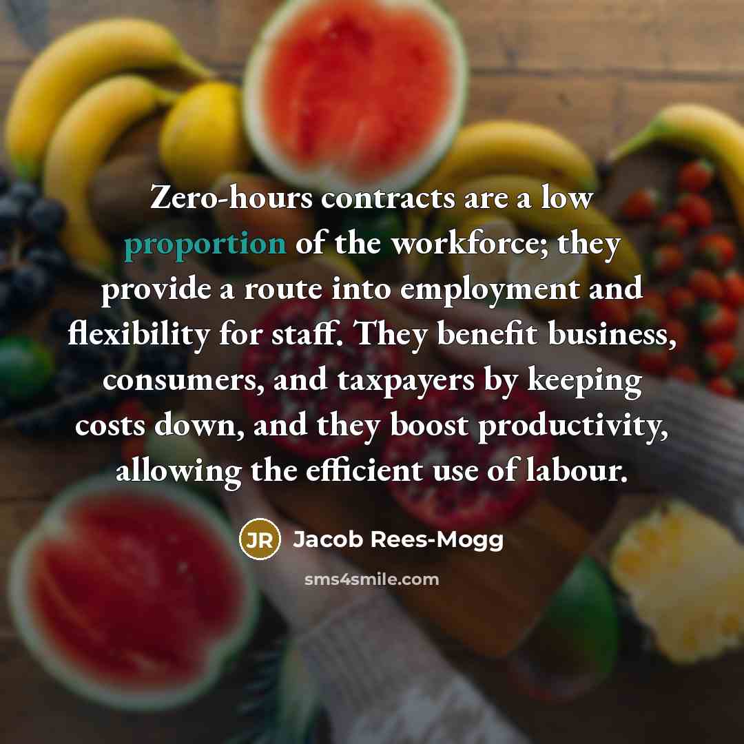 “Zero-hours contracts are a low proportion of the workforce; they provide a route into employment and flexibility for staff. They benefit business, consumers, and taxpayers by keeping costs down, and they boost productivity, allowing the efficient use of labour.” quote by Jacob Rees-Mogg