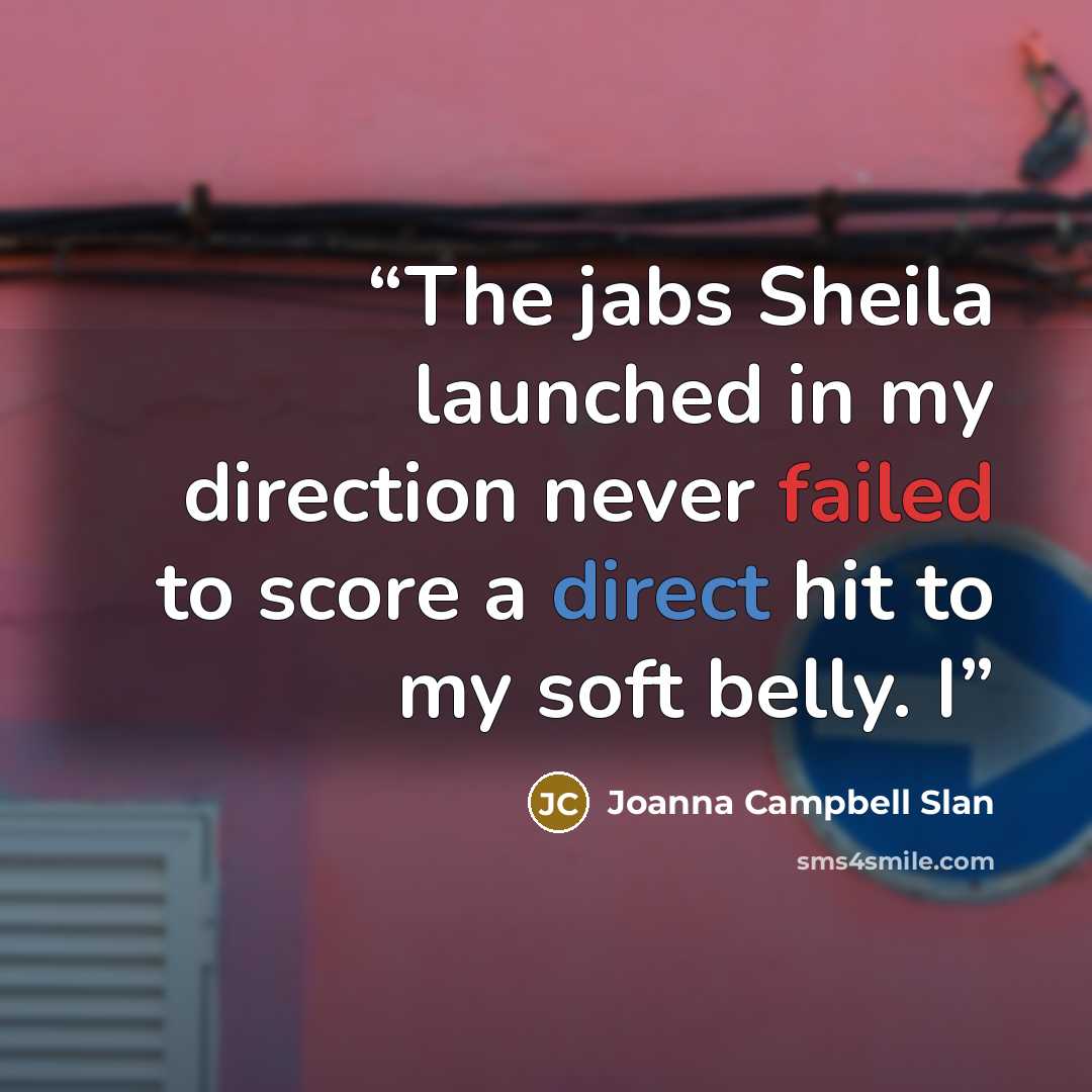 “The jabs Sheila launched in my direction never failed to score a direct hit to my soft belly. I” quote by Joanna Campbell Slan
