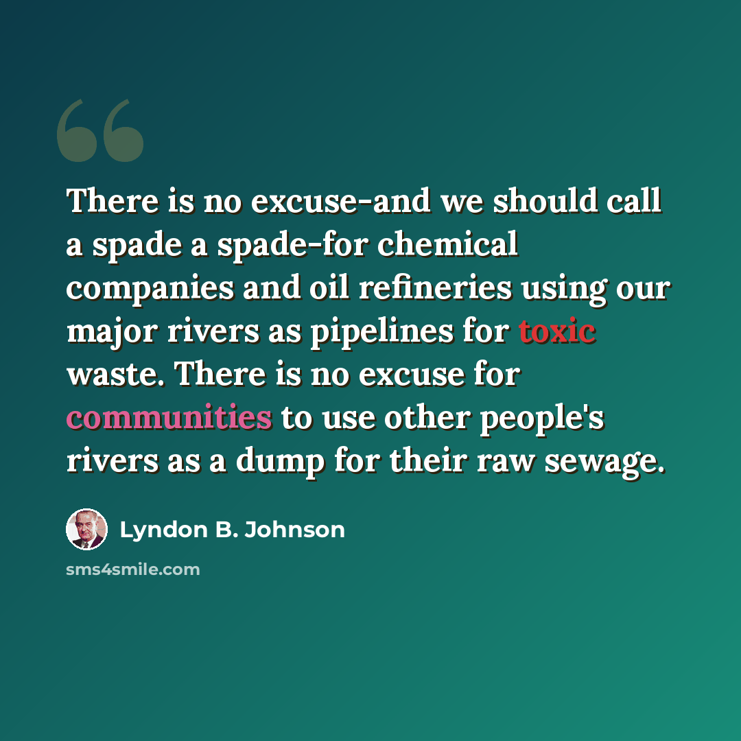 “There is no excuse-and we should call a spade a spade-for chemical companies and oil refineries using our major rivers as pipelines for toxic waste. There is no excuse for communities to use other people's rivers as a dump for their raw sewage.” quote by Lyndon B. Johnson