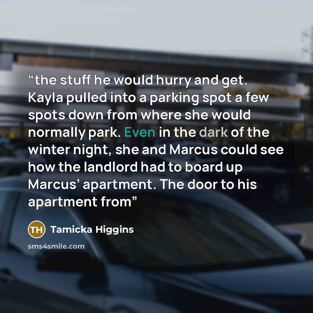 “the stuff he would hurry and get. ​Kayla pulled into a parking spot a few spots down from where she would normally park. Even in the dark of the winter night, she and Marcus could see how the landlord had to board up Marcus’ apartment. The door to his apartment from” quote by Tamicka Higgins