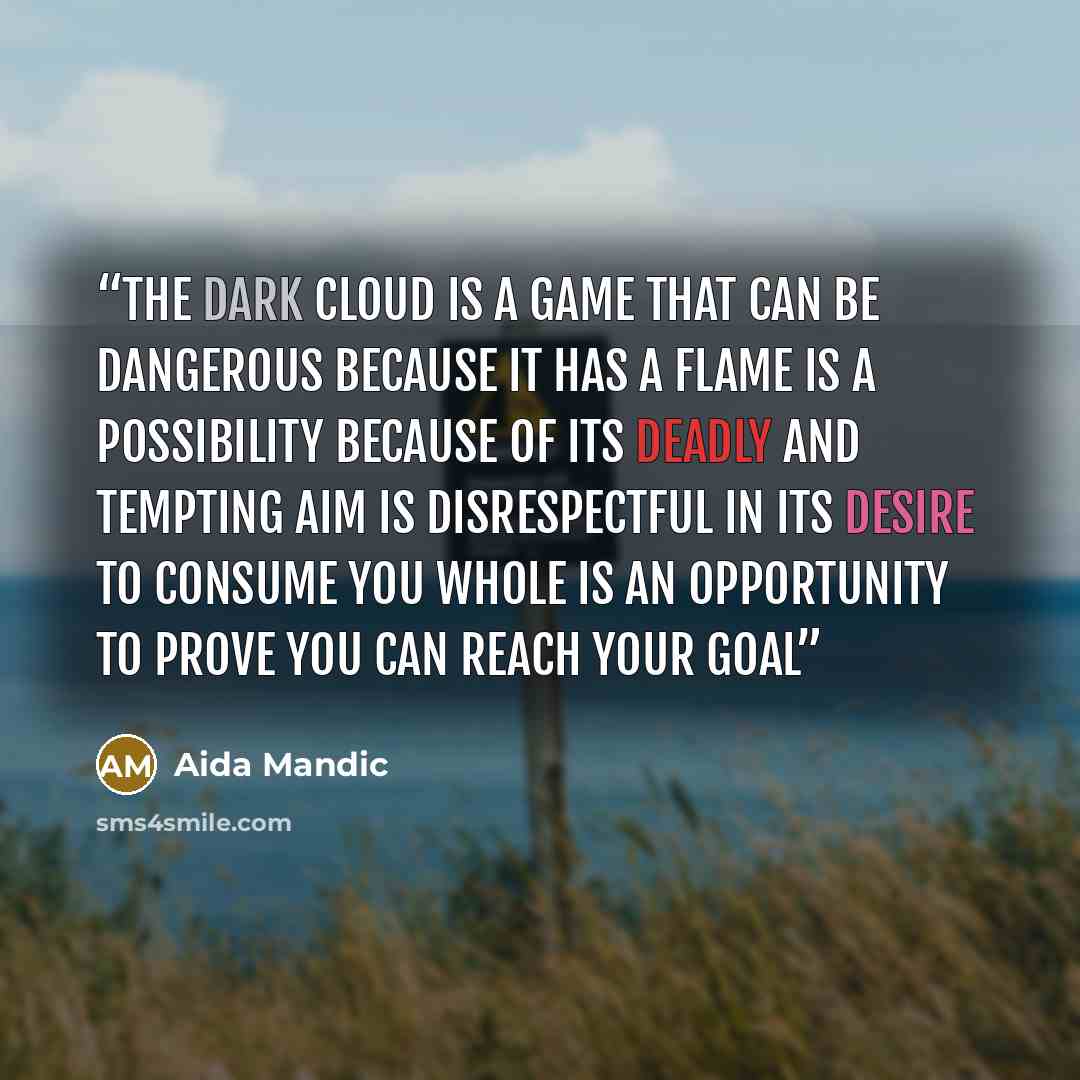 “The Dark Cloud Is a game that can be dangerous because it has a flame Is a possibility because of its deadly and tempting aim Is disrespectful in its desire to consume you whole Is an opportunity to prove you can reach your goal” quote by Aida Mandic