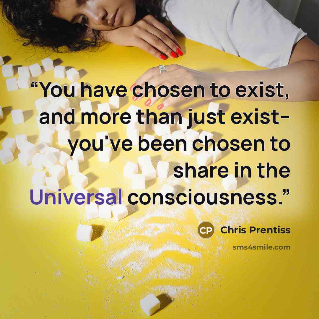 “You have chosen to exist, and more than just exist-- you've been chosen to share in the Universal consciousness.” quote by Chris Prentiss